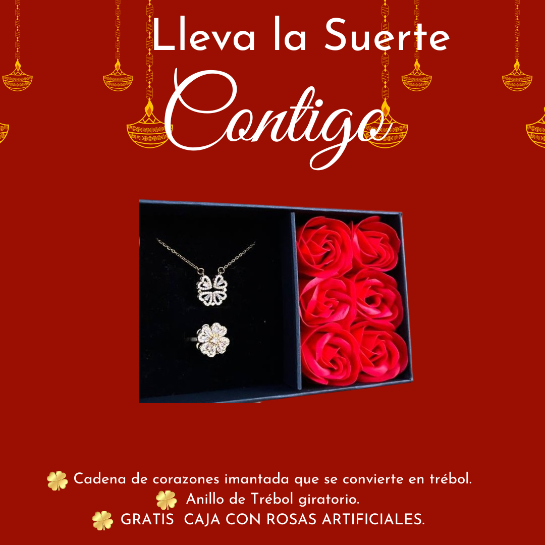 Anillo de Trébol + Cadena de Corazones + Caja con Rosas